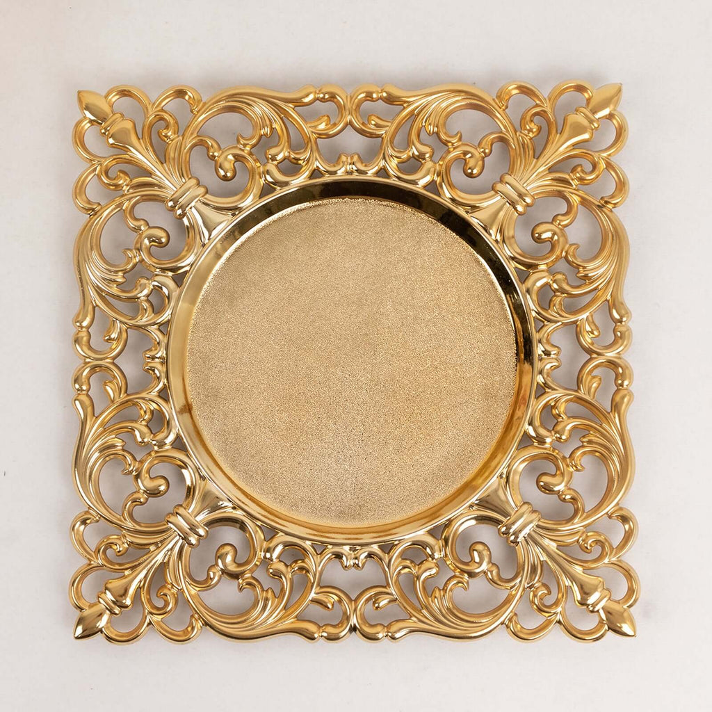 6-Pack Acrylic Charger Plates 12" Square Gold with Hollow Lace Border - Event Tabletop Decorative Charger Tableware